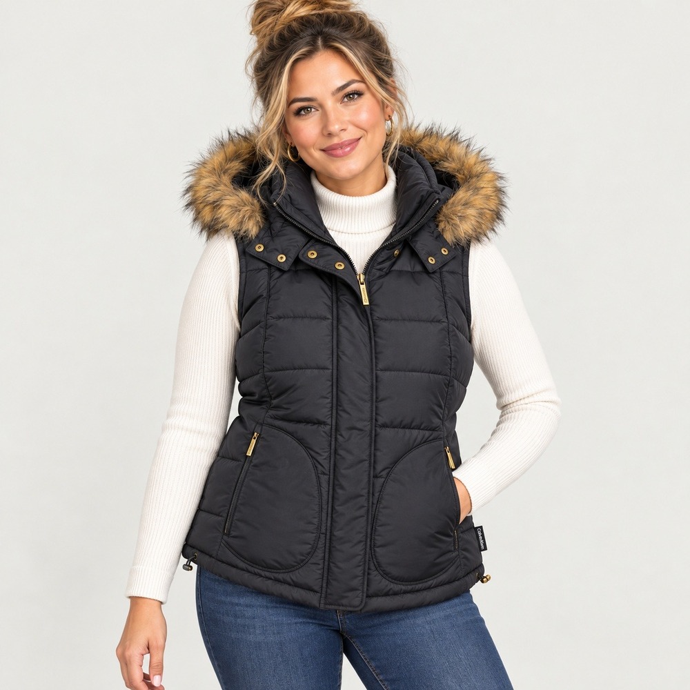 Calvin Klein Down Puffer Vest Women M Black Faux Fur Trim Hood Winter Apres Ski